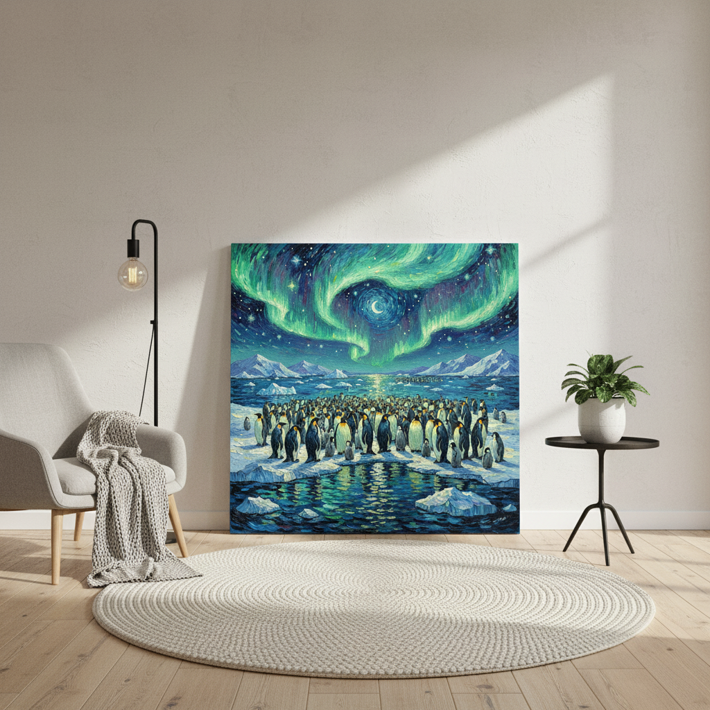 Room interior with a large painting of penguins under an aurora borealis sky.