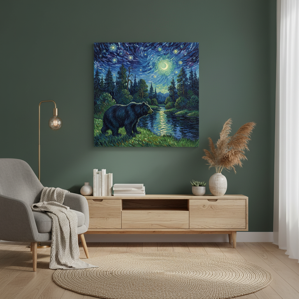 Living room with a bear painting on the wall, a wooden console table, and a gray armchair.