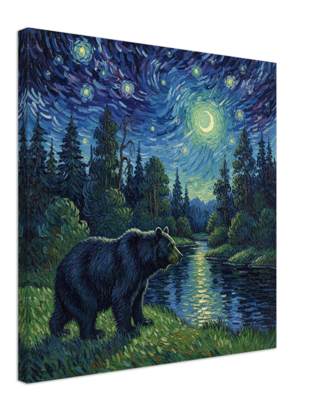 Canvas print of a bear in a forest with a starry night sky.