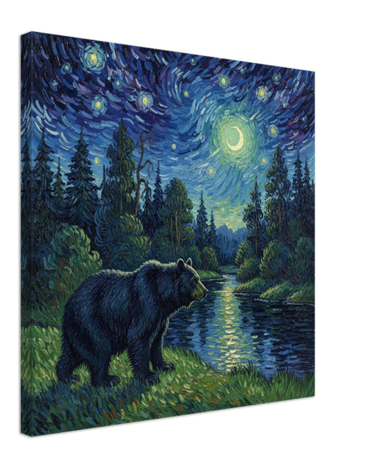 Canvas print of a bear in a forest with a starry night sky.