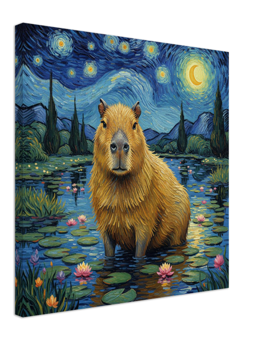 Capybara in a Van Gogh-style painting with stars and moon over water