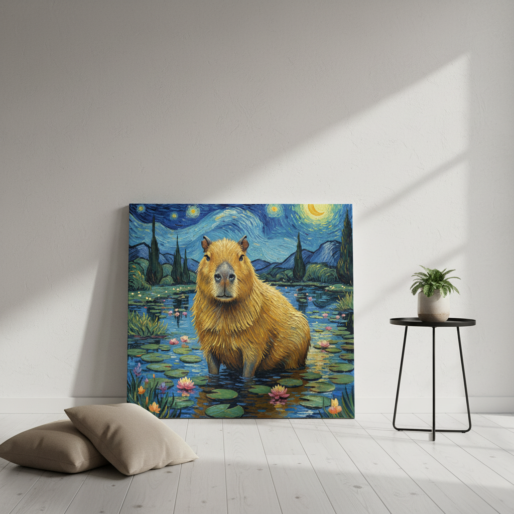 Canvas print of a capybara in a Van Gogh-style painting on a wall in a room with a table and pillows.