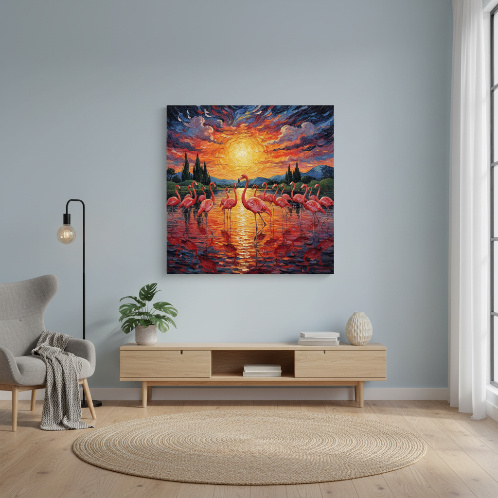 Painting of flamingos at sunset in a modern living room.