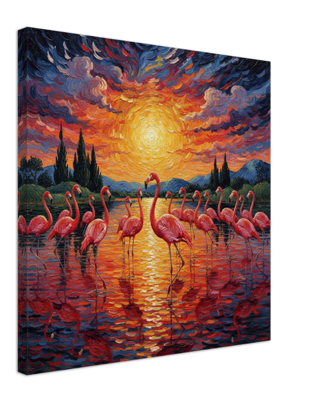 Canvas print of flamingos at sunset with a vibrant sky.