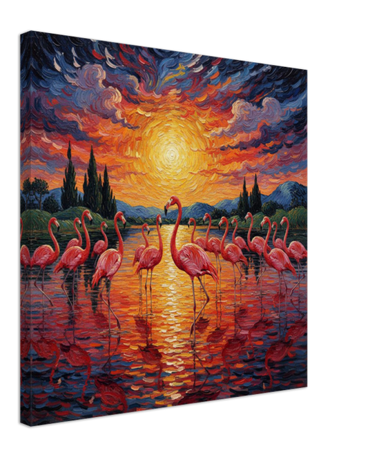Canvas print of flamingos at sunset with a vibrant sky.