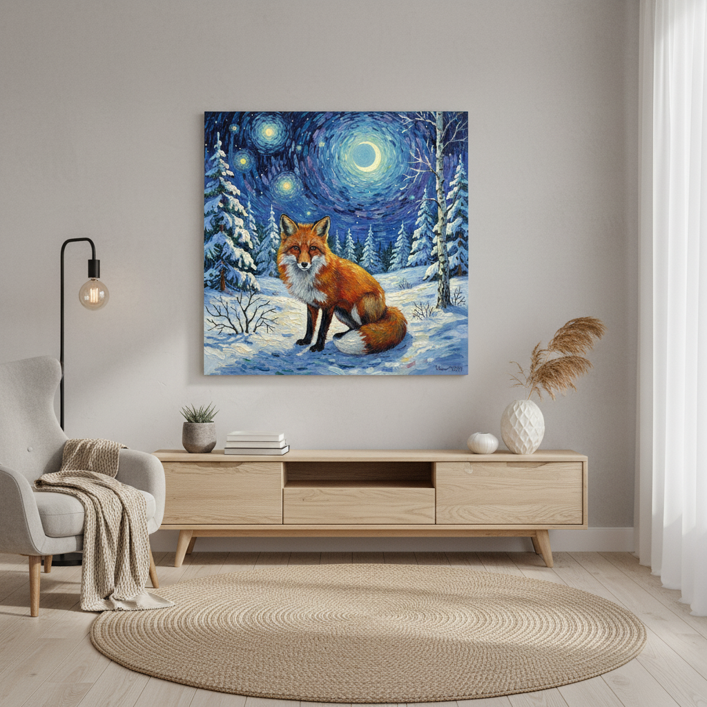 Painting of a fox in a snowy landscape above a wooden console table in a room.