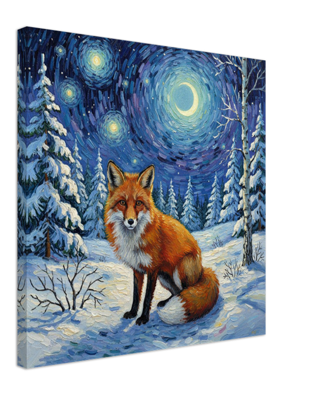 Canvas print of a fox in a snowy forest under a starry night sky.