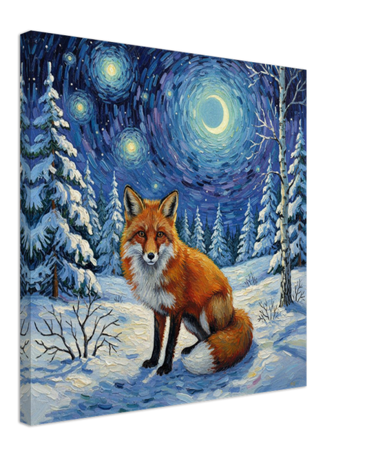 Canvas print of a fox in a snowy forest under a starry night sky.
