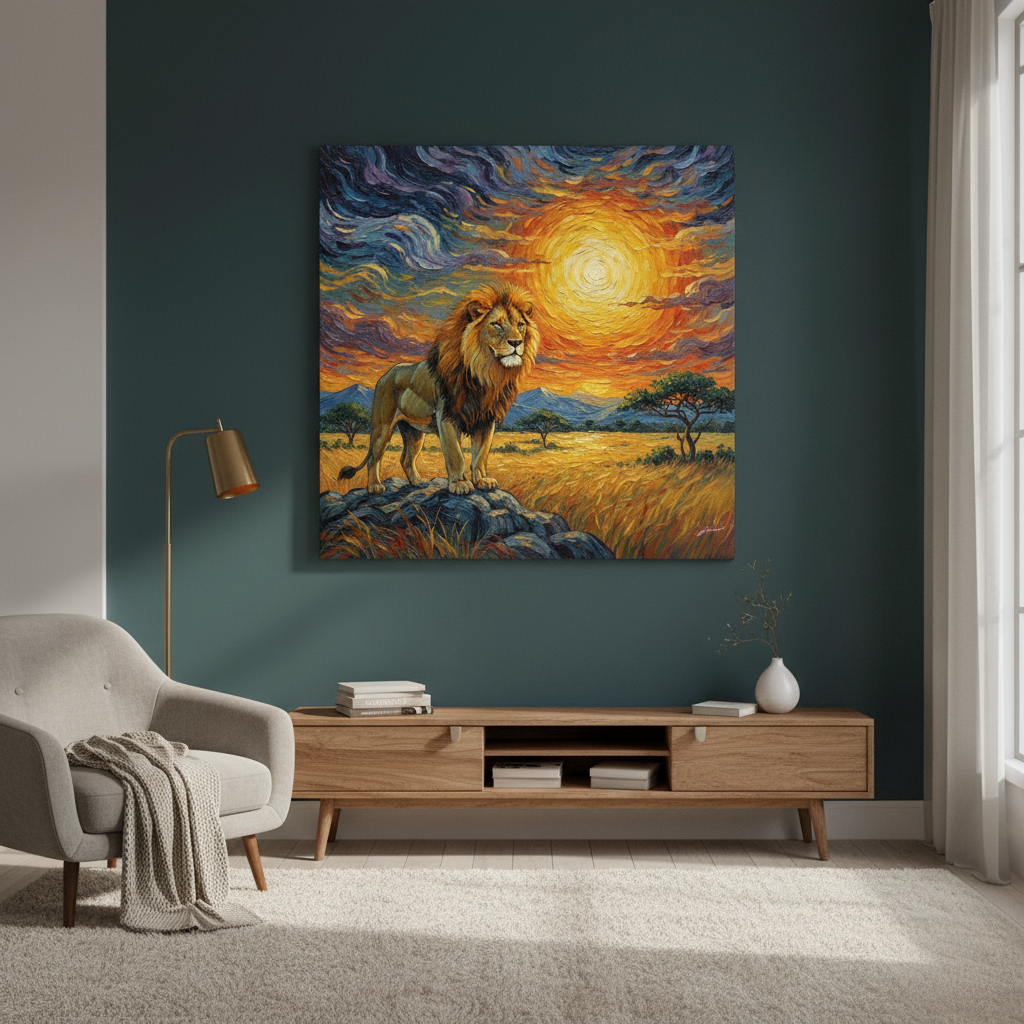 Living room with a painting of a lion on a dark wall