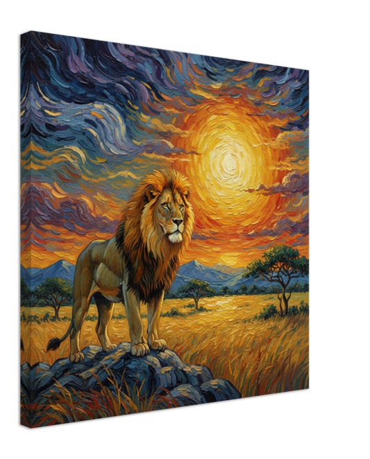 Painting of a lion standing on a rock with a vibrant sunset sky.