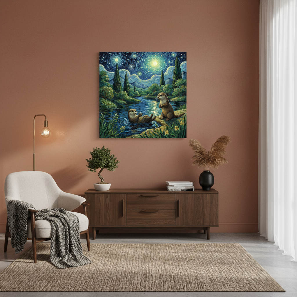 Lifestyle image of a living room with a painting of two otters on a wall.