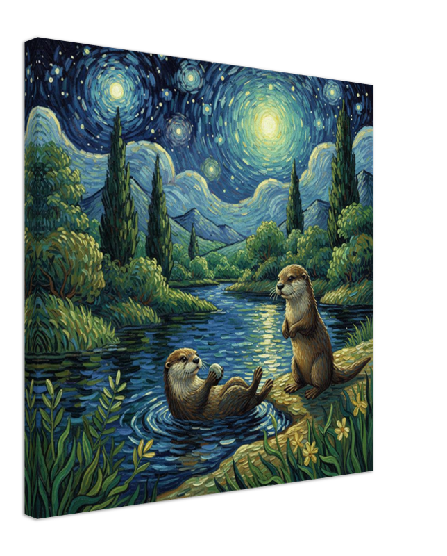 Two otters by a river with a starry night sky in the background.