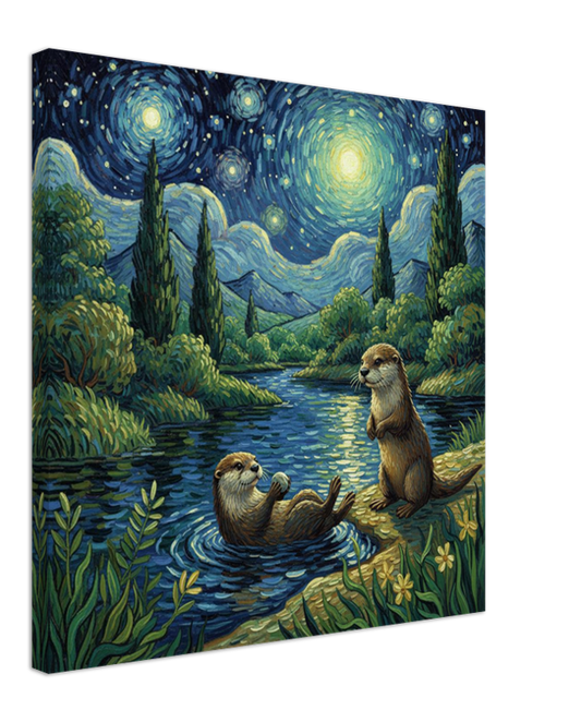 Two otters by a river with a starry night sky in the background.