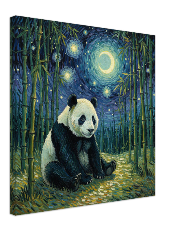 Panda bear in a bamboo forest with a starry night sky