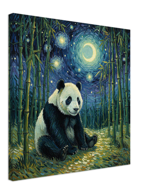 Panda bear in a bamboo forest with a starry night sky