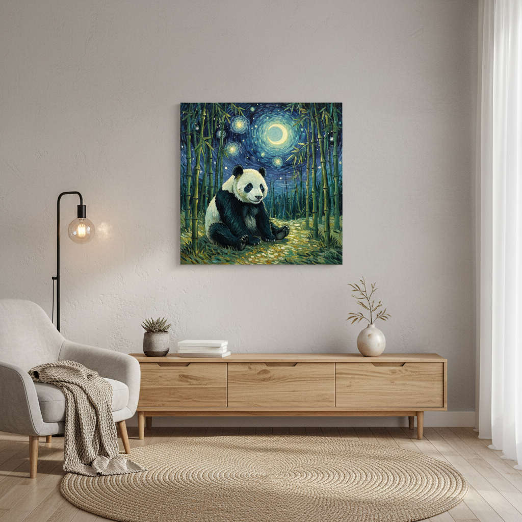 Panda painting on a wall above a wooden console table in a living room.