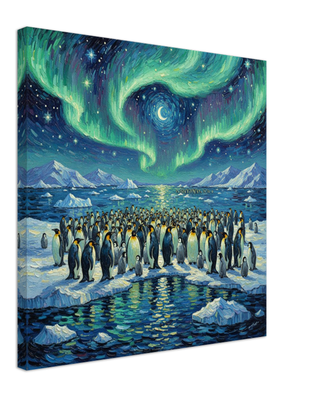 Canvas print of penguins under a Northern Lights sky.
