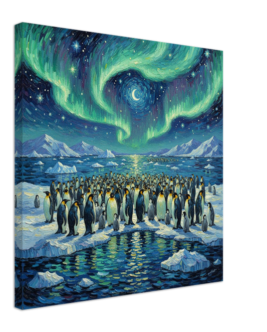 Canvas print of penguins under a Northern Lights sky.