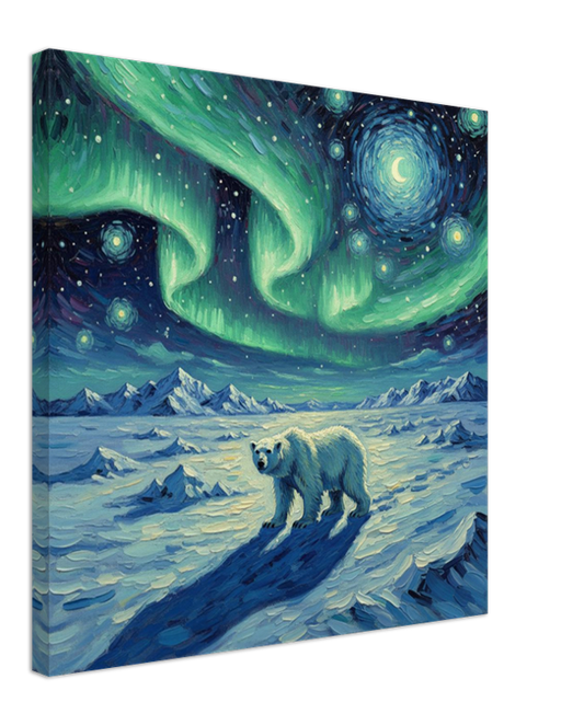 Canvas print of a polar bear under a vibrant Northern Lights sky with mountains in the background.