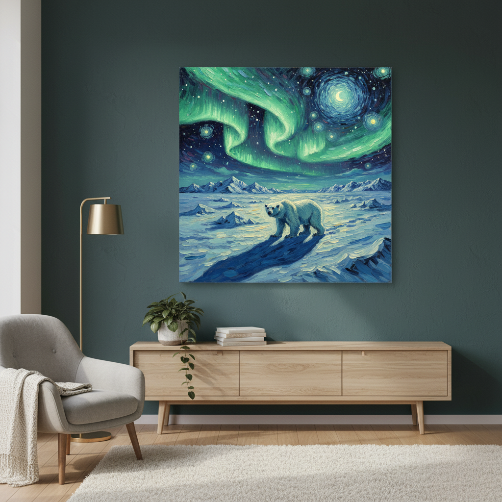 Room interior with a painting of a bear under the Northern Lights on a dark wall.
