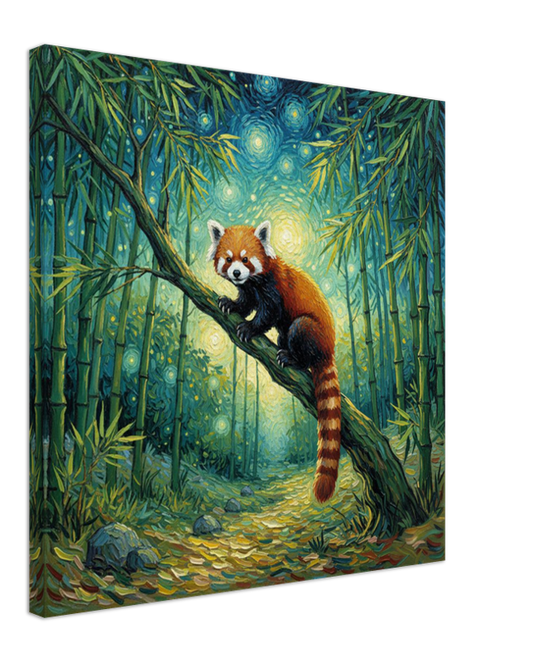 Painting of a red panda on a branch in a bamboo forest