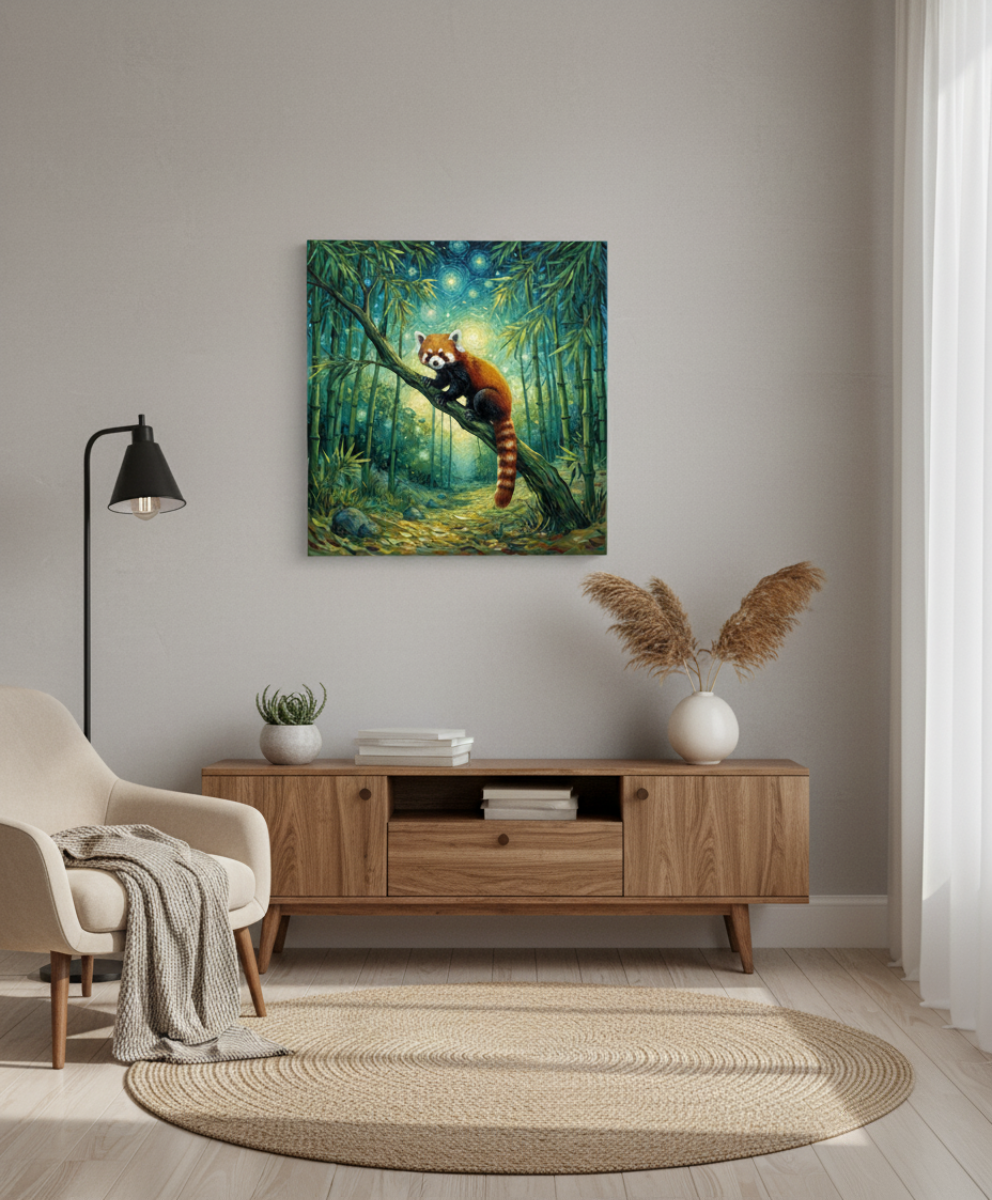 Living room with a painting of a red panda in a forest on the wall.