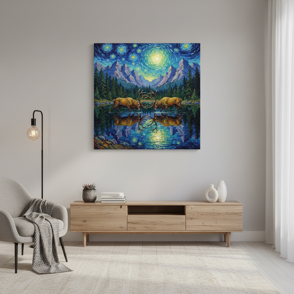 Framed artwork of bears in a starry night landscape above a wooden console table in a room.