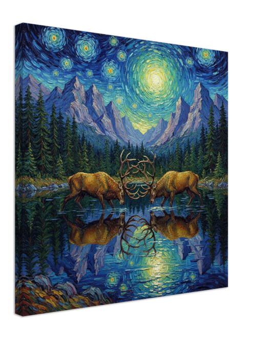 Canvas print of two elk in a mountainous landscape with a starry night sky.