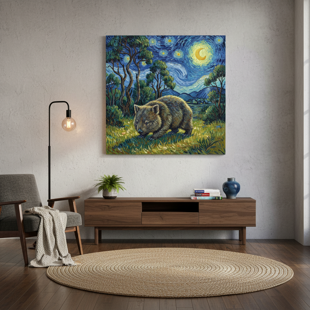 Living room with a painting of a wombat on the wall, resembling Van Gogh's 'Starry Night'.