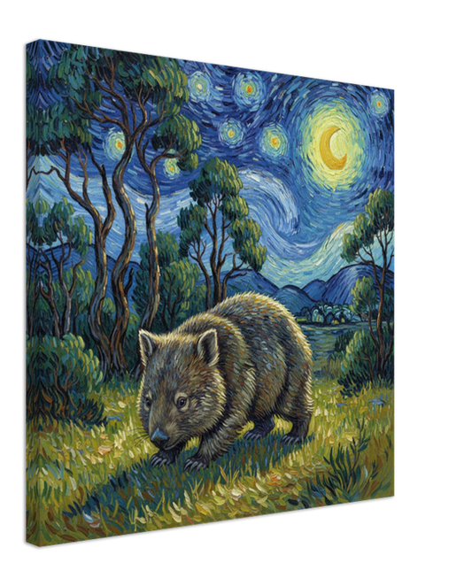 Canvas print of a wombat in a Van Gogh-style starry night landscape.